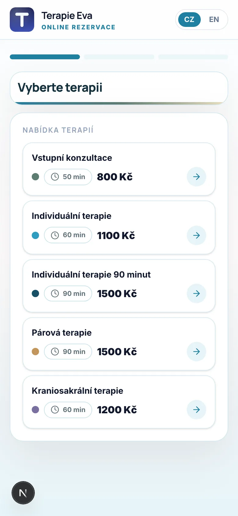 Rezervační stránka terapeutické praxe na telefonu